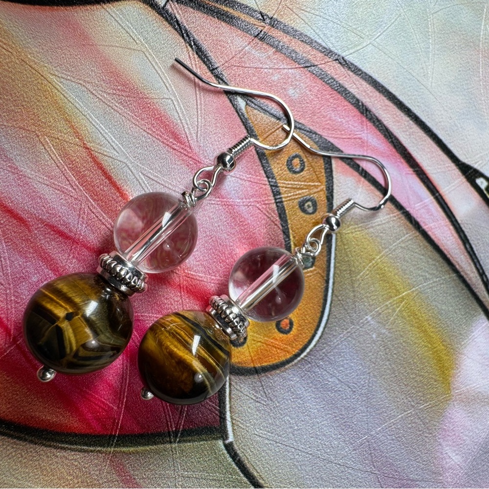 Elegant Handcrafted Sterling Silver Clear Quartz and Tigers Eye Earrings